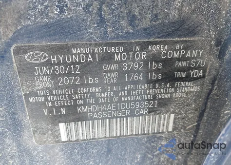 2013 Hyundai Elantra Limited из США, поврежденный, VIN KMHDH4AE1DU593521